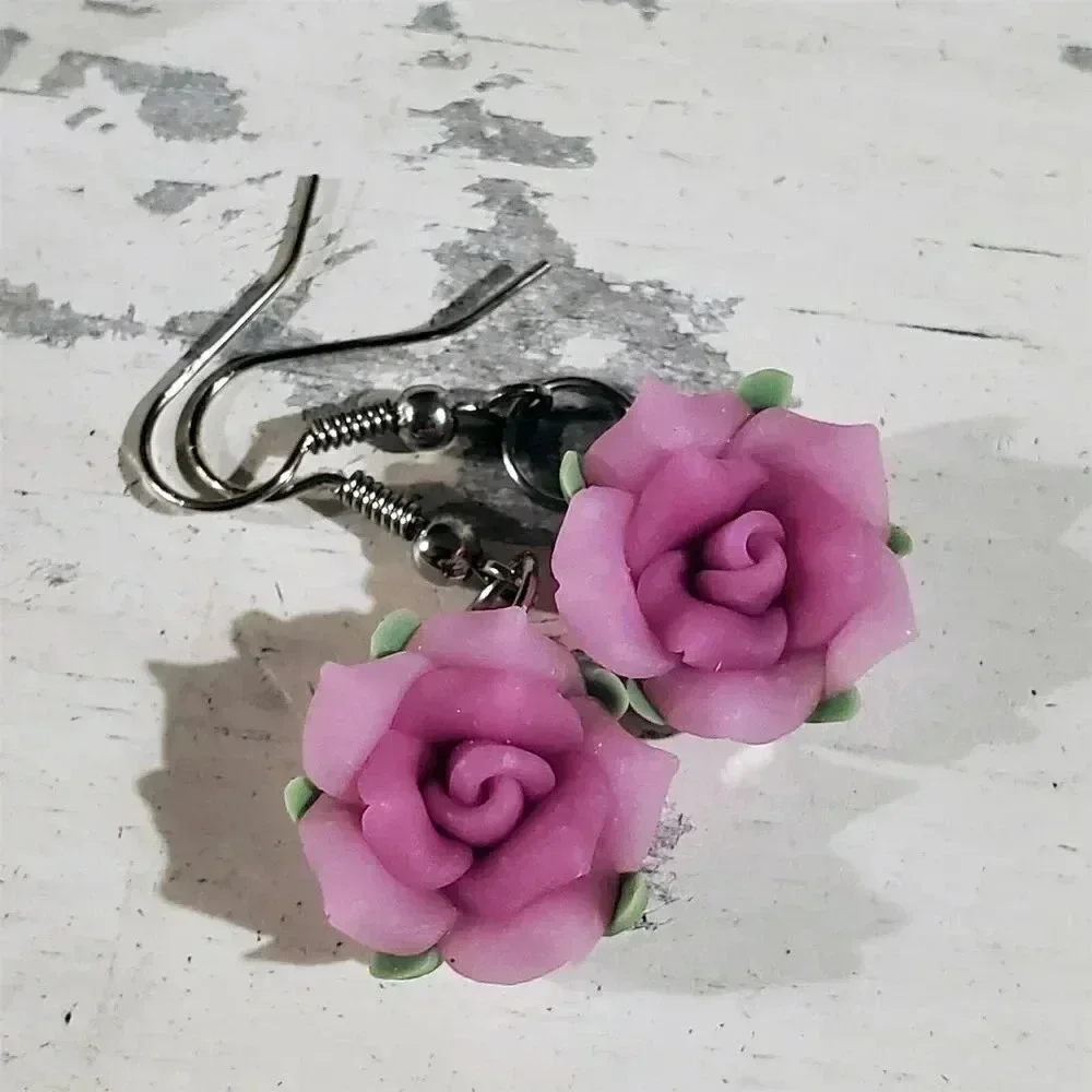 Hand Crafted Fimo Polymer Clay Pink Rose Flower Bead Dangle Earrings